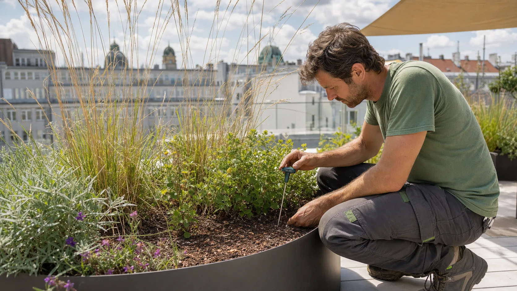 Gaertner prueft die Feuchte und Substrattiefe in einem grossen Pflanzkuebel auf einer sonnigen Wiener Dachterrasse mit Stadtblick und Schattensegel, realistische Servicefotografie ohne Logos und ohne Text